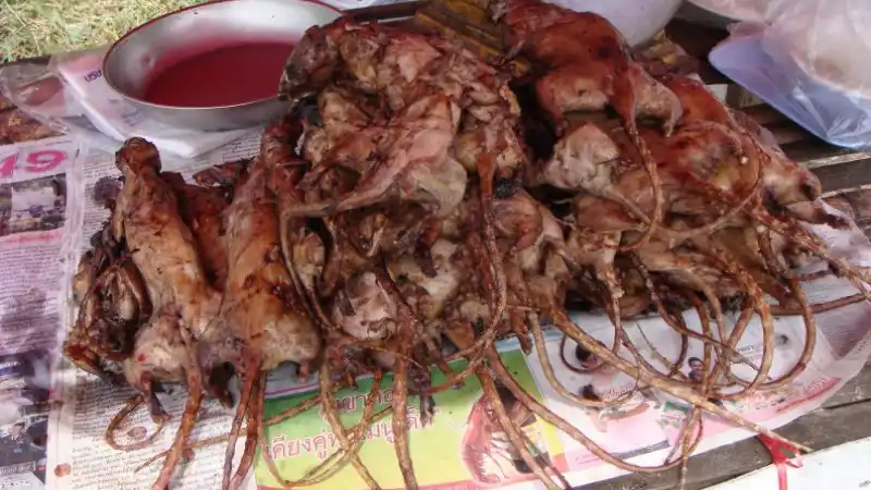 Pouliční stánek s potkanem a červenou omáčkou v Thajsku